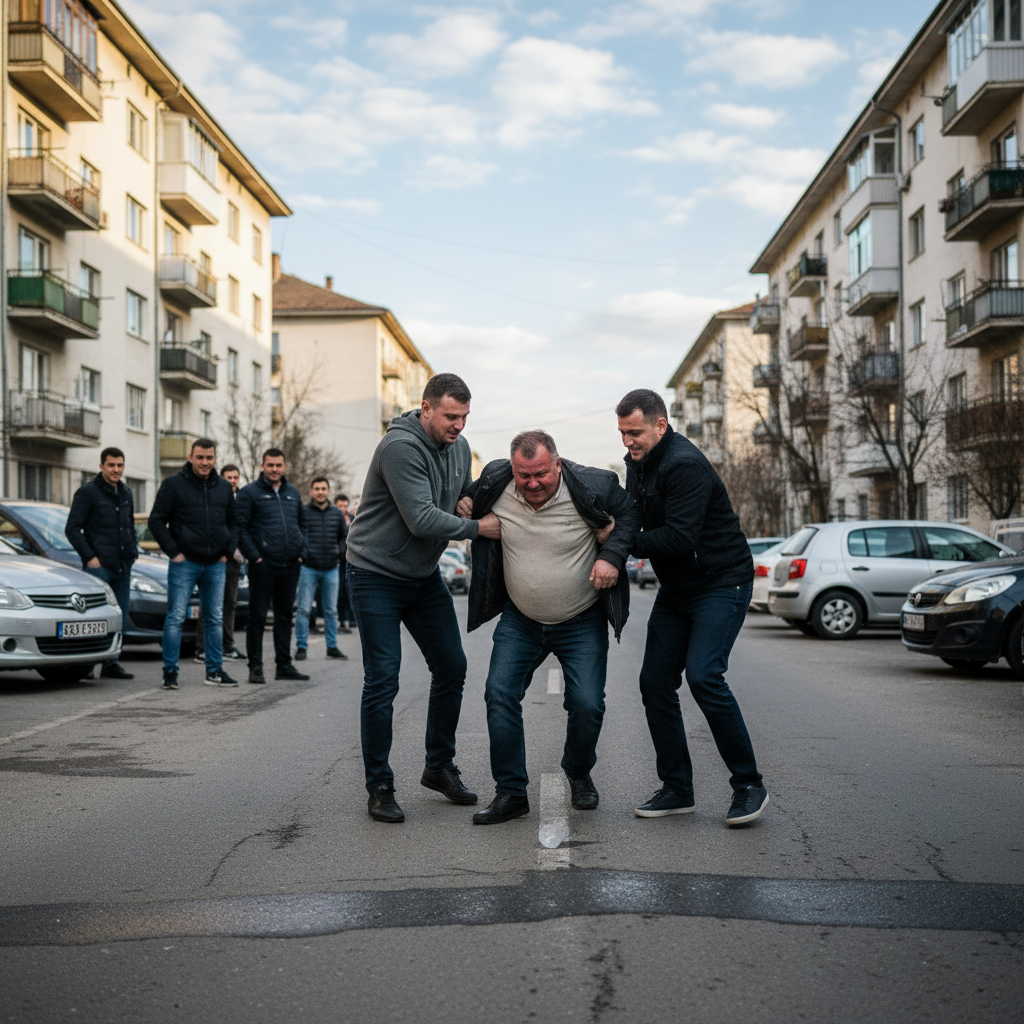 bărbat beat căzut pe stradă, ridicat de cei pe care i-a deranjat