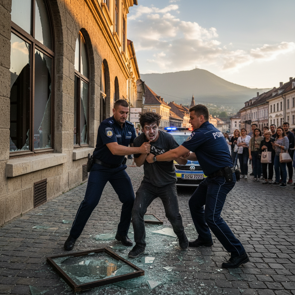 Tânăr sub influența prenadez sparge geamuri și se ceartă cu polițiștii locali în Brașov, ieri