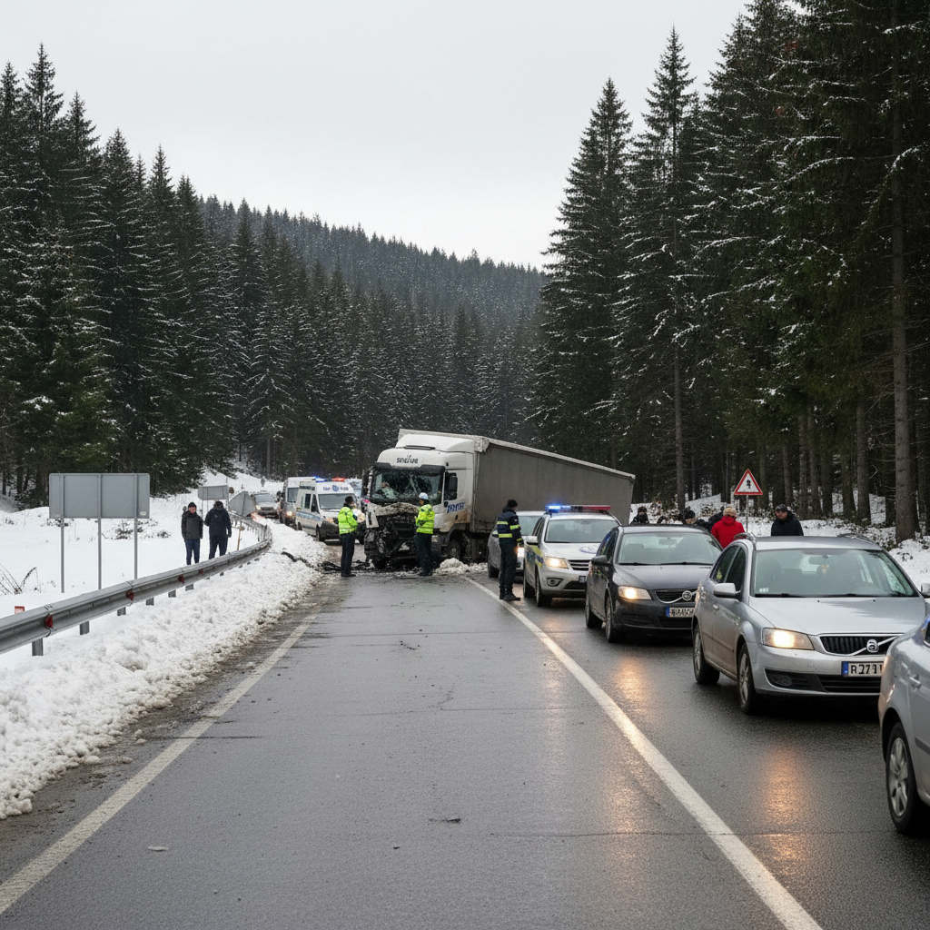 Trafic îngreunat pe DN1 în Predeal din cauza unui accident cu TIR – circulație pe o singură bandă